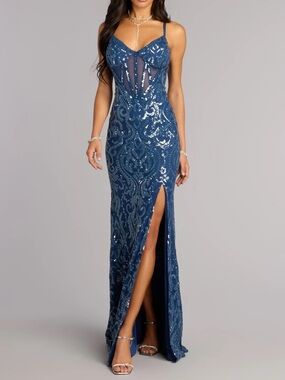 Windsor blue sequins slit dress